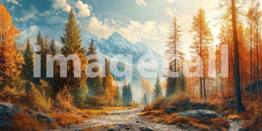 Golden Autumn Forest Trail Leads to Snow-Capped Peaks, Bathed in Warm Sunlight.