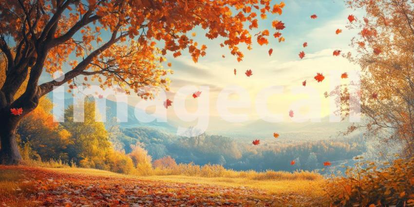 Golden Autumn Forest Trail Leads to Snow-Capped Peaks, Bathed in Warm Sunlight.