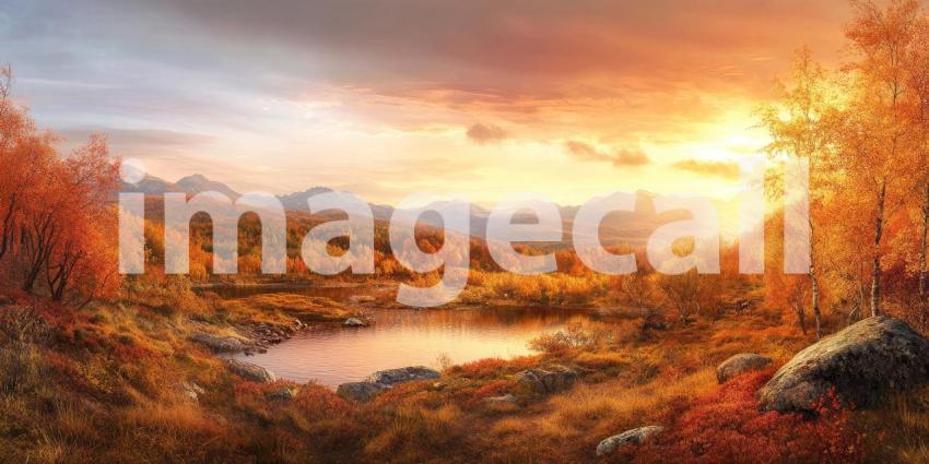 Golden Autumn Forest Trail Leads to Snow-Capped Peaks, Bathed in Warm Sunlight.