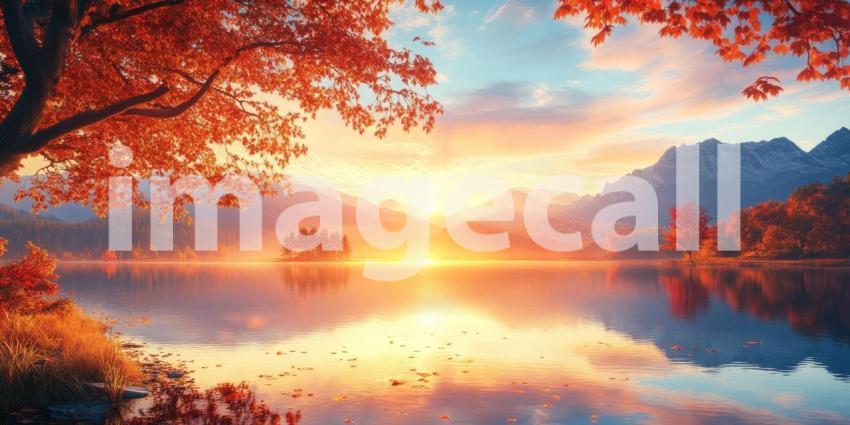 Serene Autumn Sunset Paints the Sky with Warm Colors, Reflecting on Tranquil Waters.