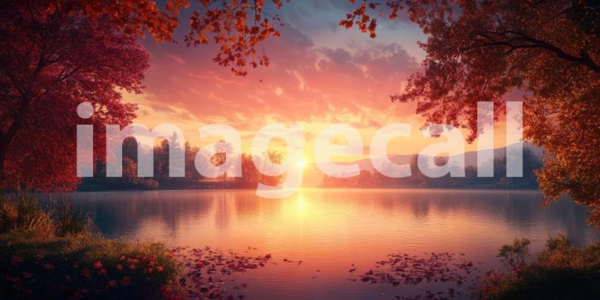 Serene Autumn Sunset Paints the Sky with Warm Colors, Reflecting on Tranquil Waters.