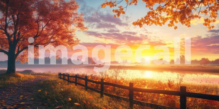 Serene Autumn Sunset Paints the Sky with Warm Colors, Reflecting on Tranquil Waters.