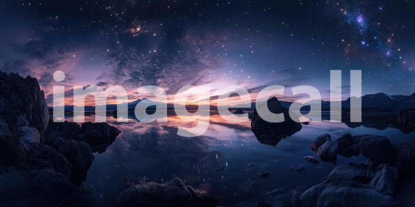 Celestial Panorama: Starry Sky Reflected in a Tranquil Lake at Dusk.