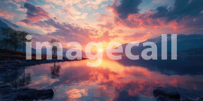 Celestial Panorama: Starry Sky Reflected in a Tranquil Lake at Dusk.