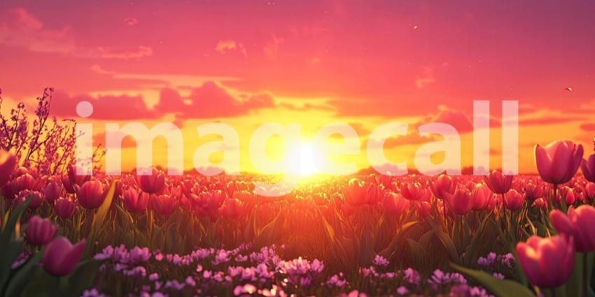 Vibrant Sunset Bathes a Field of Blossoming Tulips in Warm Golden Light.