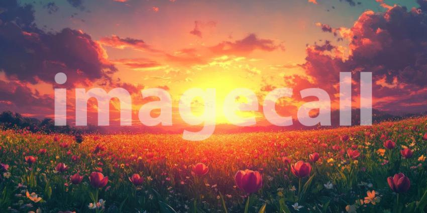 Vibrant Sunset Bathes a Field of Blossoming Tulips in Warm Golden Light.