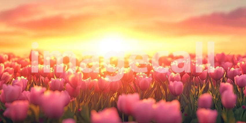 Vibrant Sunset Bathes a Field of Blossoming Tulips in Warm Golden Light.