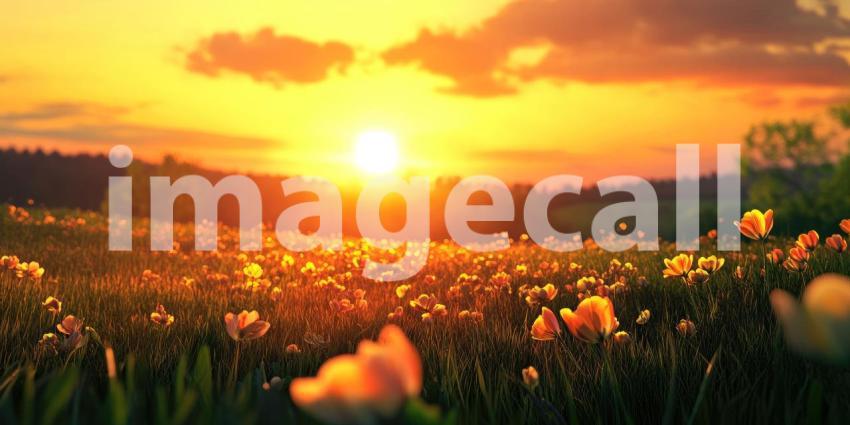 Vibrant Sunset Bathes a Field of Blossoming Tulips in Warm Golden Light.