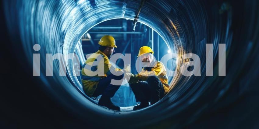 Industrial Inspection: Workers Wearing Safety Helmets and High-Visibility Vests Inside Large Metallic Cylinder