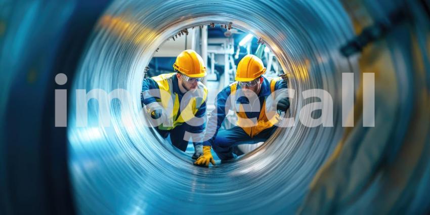 Industrial Inspection: Workers Wearing Safety Helmets and High-Visibility Vests Inside Large Metallic Cylinder