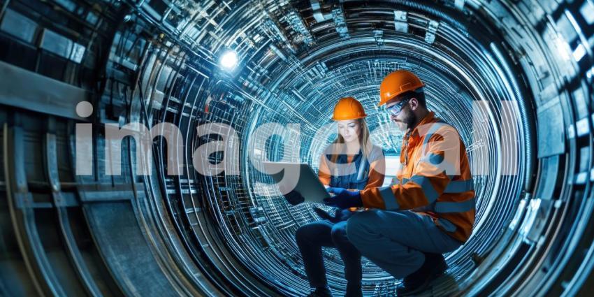 Industrial Inspection: Workers Wearing Safety Helmets and High-Visibility Vests Inside Large Metallic Cylinder