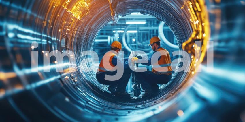 Industrial Inspection: Workers Wearing Safety Helmets and High-Visibility Vests Inside Large Metallic Cylinder
