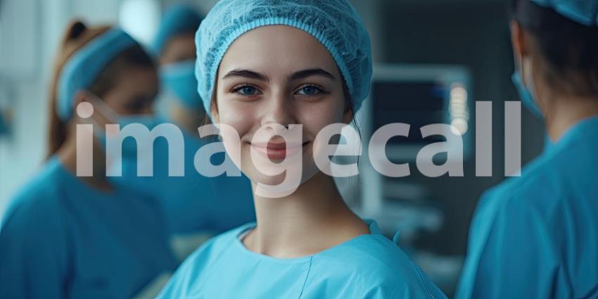 Healthcare Professional in Blue Scrubs with Stethoscope in a Busy Hospital Hallway
