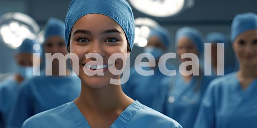 Healthcare Professional in Blue Scrubs with Stethoscope in a Busy Hospital Hallway