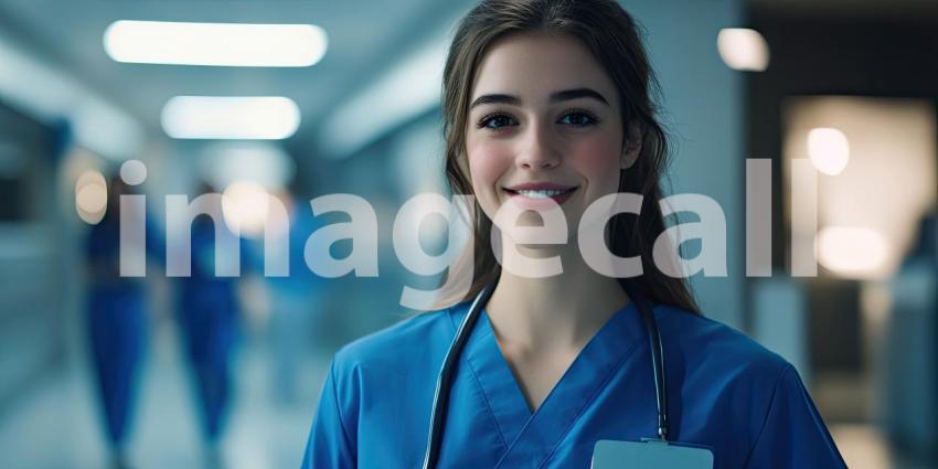Healthcare Professional in Blue Scrubs with Stethoscope in a Busy Hospital Hallway