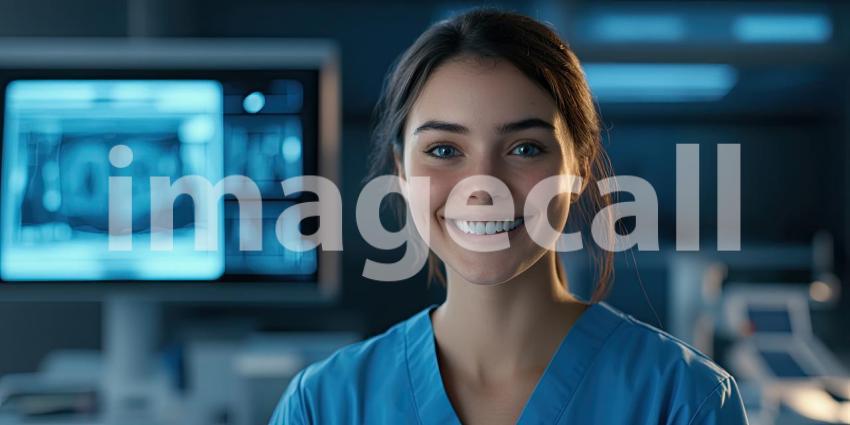 Healthcare Professional in Blue Scrubs with Stethoscope in a Busy Hospital Hallway