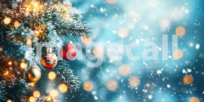 Festive Christmas Tree Branch Adorned with Sparkling Ornaments and Snowflakes.