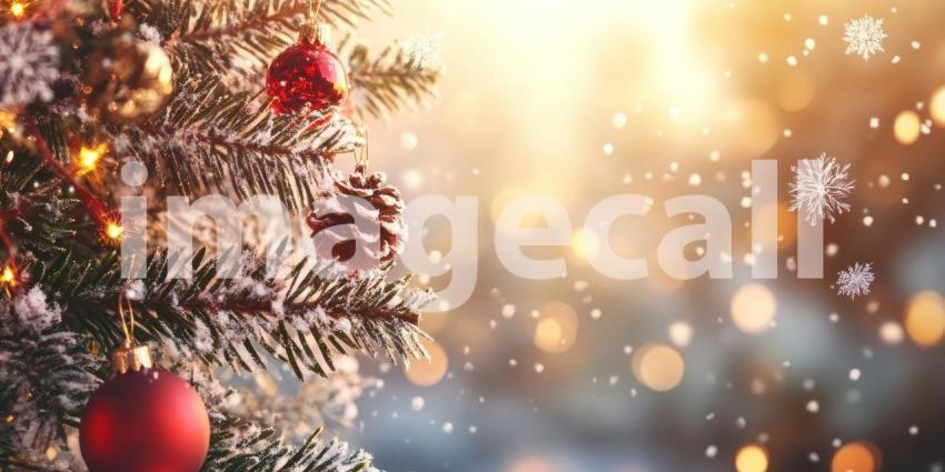 Festive Christmas Tree Branch Adorned with Sparkling Ornaments and Snowflakes.