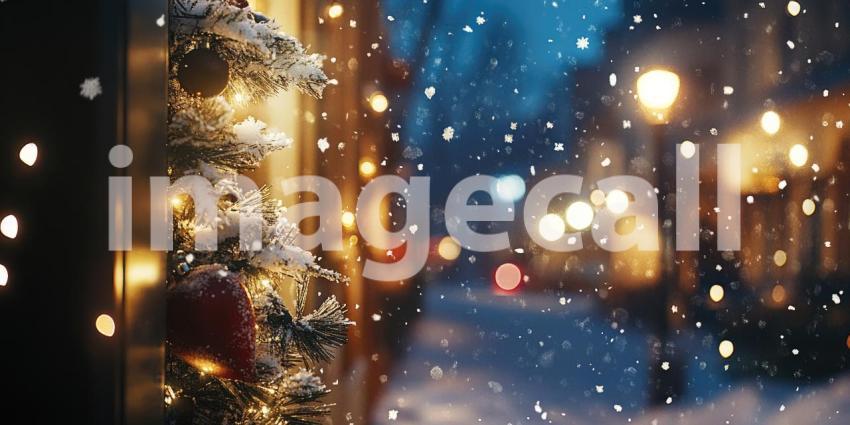 Festive Christmas Tree Branch Adorned with Sparkling Ornaments and Snowflakes.