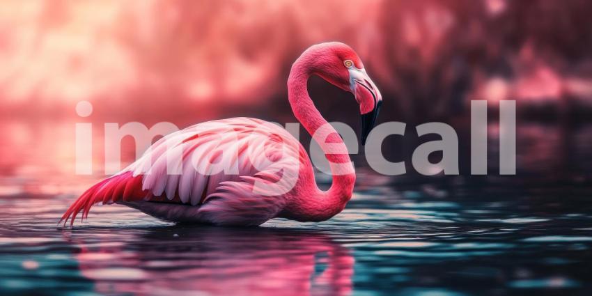 Flamingo Elegance: A Vibrant Pink Bird Stands Gracefully in a Serene Lagoon.
