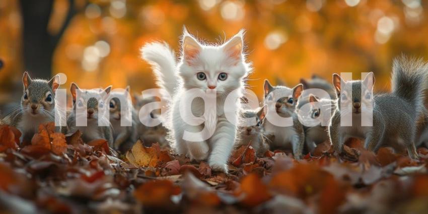 Curious Kitten Leads a Swarm of Squirrels on a Woodland Adventure