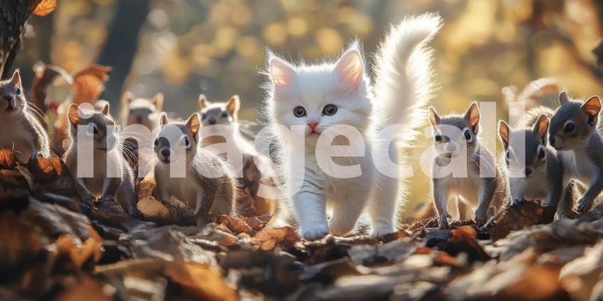 Curious Kitten Leads a Swarm of Squirrels on a Woodland Adventure