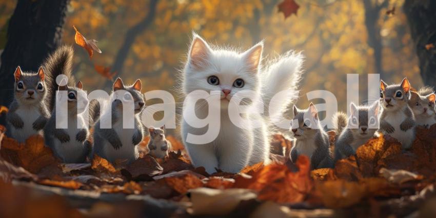 Curious Kitten Leads a Swarm of Squirrels on a Woodland Adventure