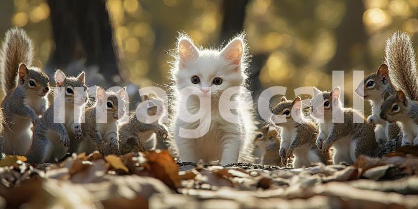 Curious Kitten Leads a Swarm of Squirrels on a Woodland Adventure