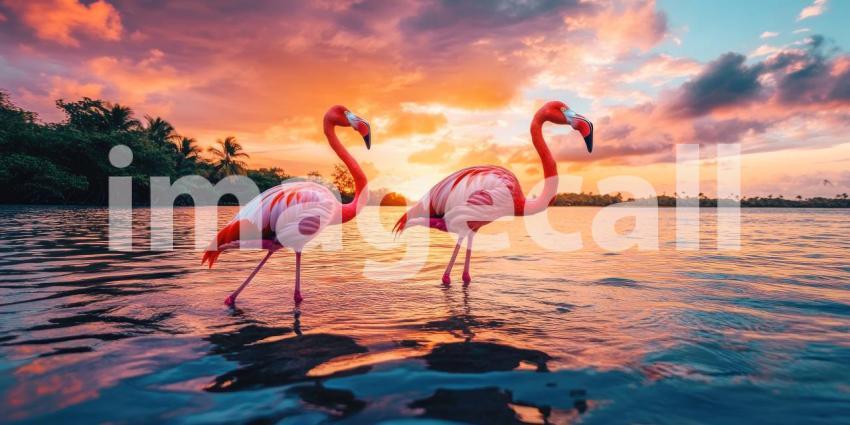 Flamingo Elegance: A Vibrant Pink Bird Stands Gracefully in a Serene Lagoon.