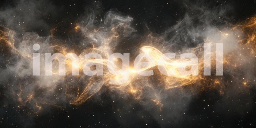 Celestial Tapestry: A Cosmic Nebula Shimmers with Golden Light, Interstellar Dust Dancing.