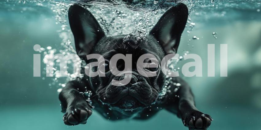 Underwater Adventure: A Black French Bulldog Swims with Determination and Grace.