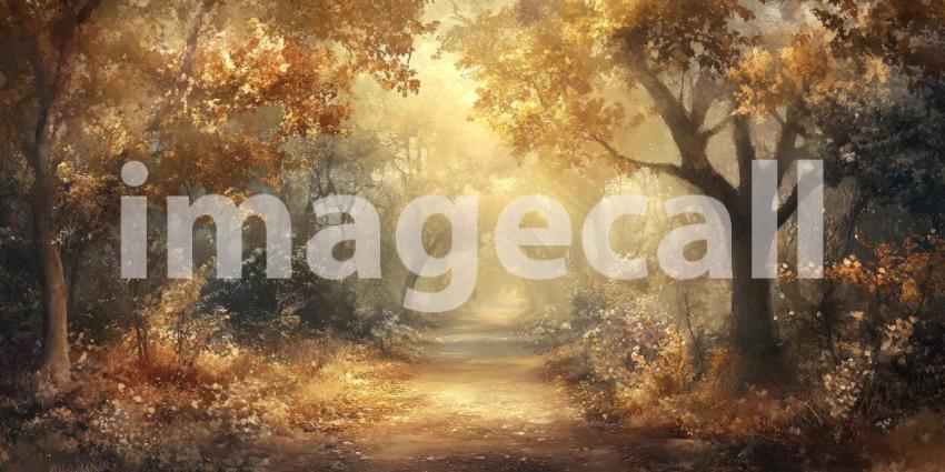 Golden Sunlight Bathes a Path Through a Dreamy Autumn Forest, Enchanting and Serene.
