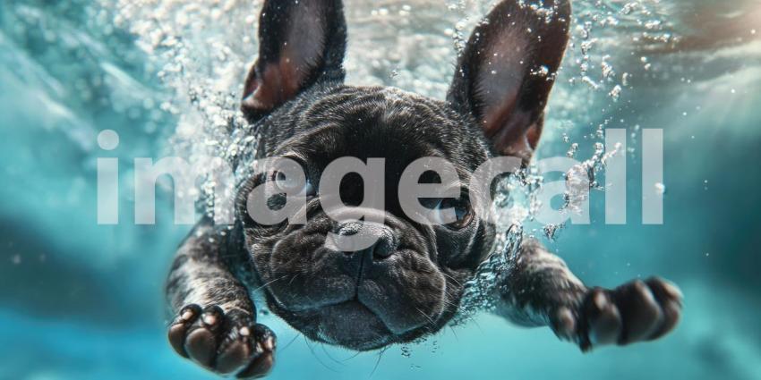 Underwater Adventure: A Black French Bulldog Swims with Determination and Grace.