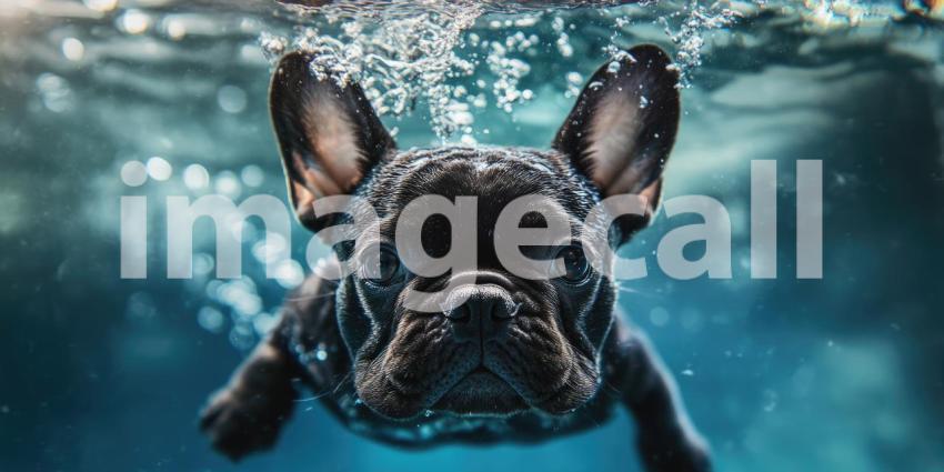 Underwater Adventure: A Black French Bulldog Swims with Determination and Grace.