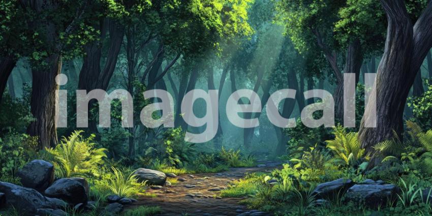 Sunlight Dapples the Forest Floor, Illuminating a Path Through Lush Green Foliage.