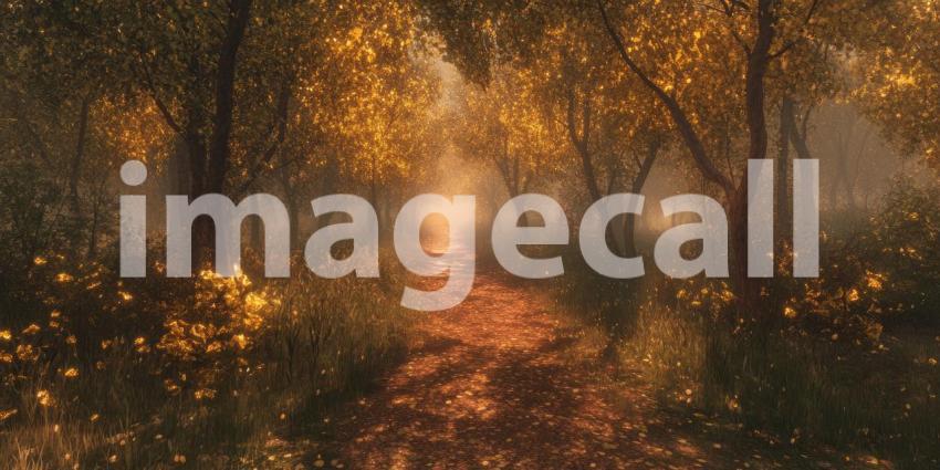 Golden Sunlight Bathes a Path Through a Dreamy Autumn Forest, Enchanting and Serene.