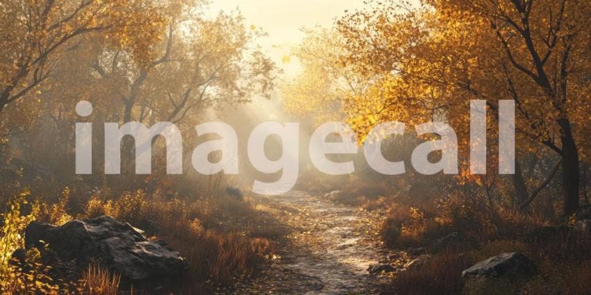 Golden Sunlight Bathes a Path Through a Dreamy Autumn Forest, Enchanting and Serene.