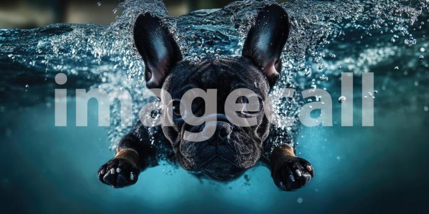 Underwater Adventure: A Black French Bulldog Swims with Determination and Grace.
