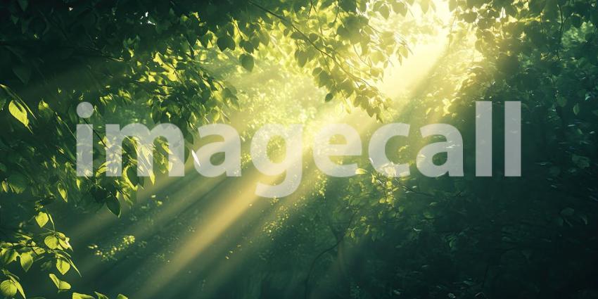 Golden Sunlight Beams Pierce Through a Verdant Canopy, Illuminating the Forest Floor