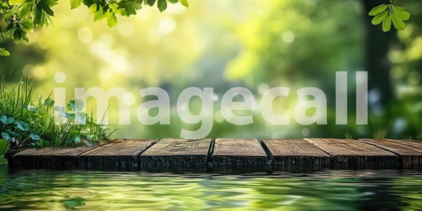 Tranquil Pondside View: Wooden Dock Overlooking a Serene Waterscape