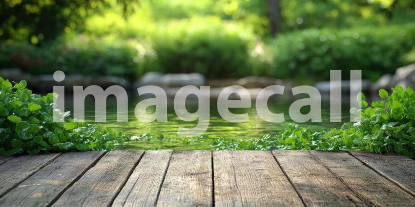 Tranquil Pondside View: Wooden Dock Overlooking a Serene Waterscape