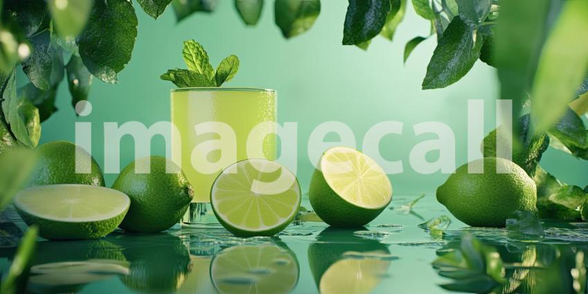 Refreshing Limeade: A Summery Beverage with Freshly Cut Limes and Mint