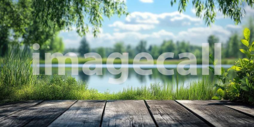 Tranquil Pondside View: Wooden Dock Overlooking a Serene Waterscape