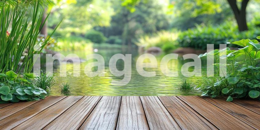Tranquil Pondside View: Wooden Dock Overlooking a Serene Waterscape
