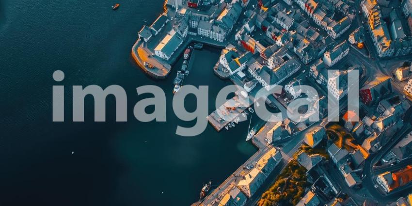 Aerial View of a Charming Coastal Town with Harbor and Colorful Buildings