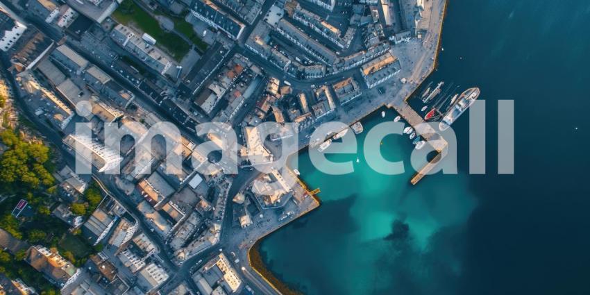 Aerial View of a Charming Coastal Town with Harbor and Colorful Buildings
