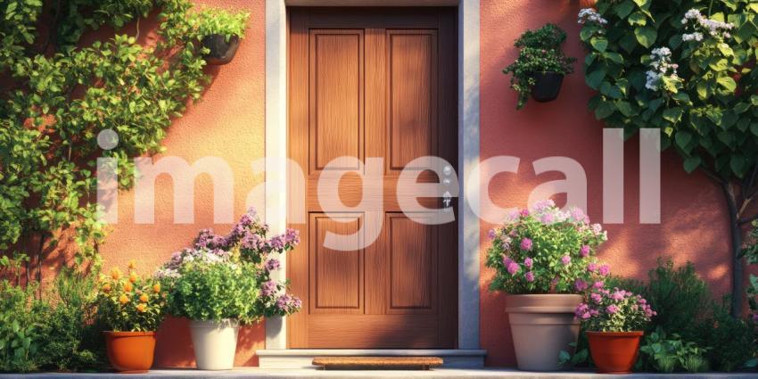 Vibrant Yellow House with a Navy Blue Door, Flanked by Colorful Flower Pots