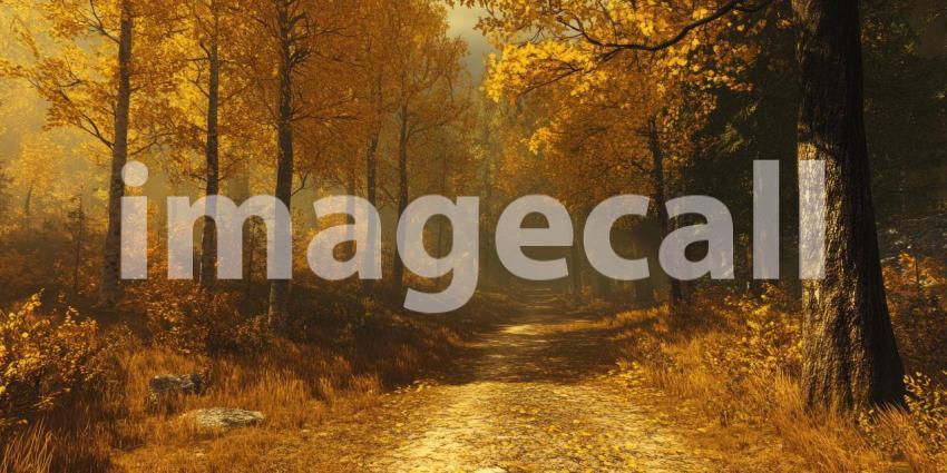 Golden Sunlight Bathes a Path Through a Dreamy Autumn Forest, Enchanting and Serene.
