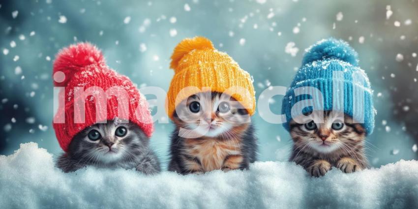 Winter Wonderland Kittens: Three Adorable Felines in Colorful Hats.
