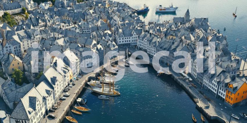 Aerial View of a Charming Coastal Town with Harbor and Colorful Buildings